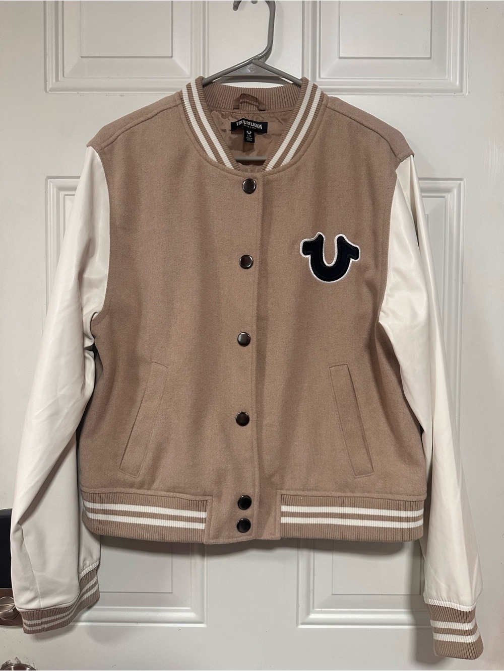 True Religion Beige and White Ribbed Collar Jacket